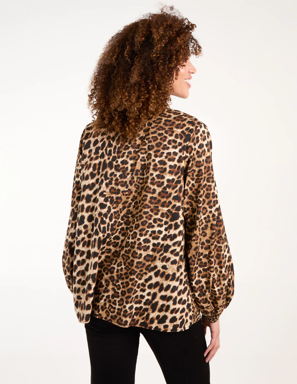 Leopard Print Shirred Front Tie Neck Blouse - Image 4