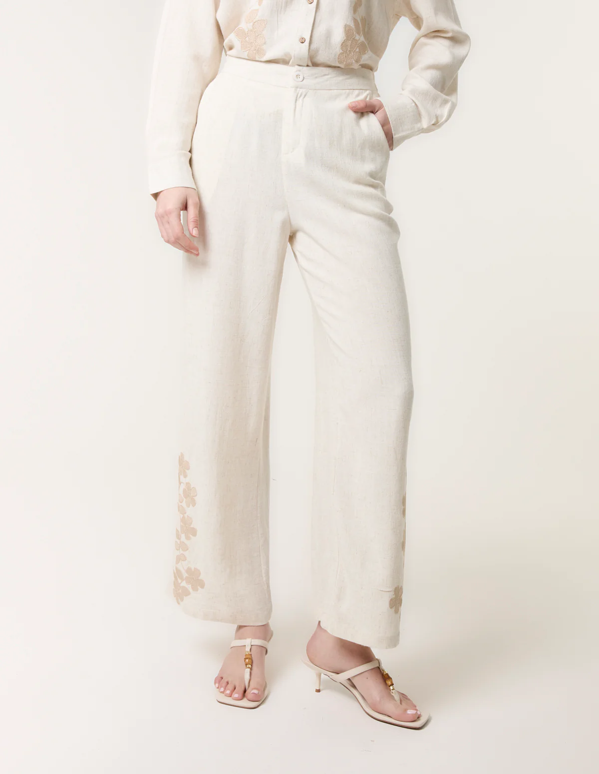 Linen Flower Embroidery Trousers
