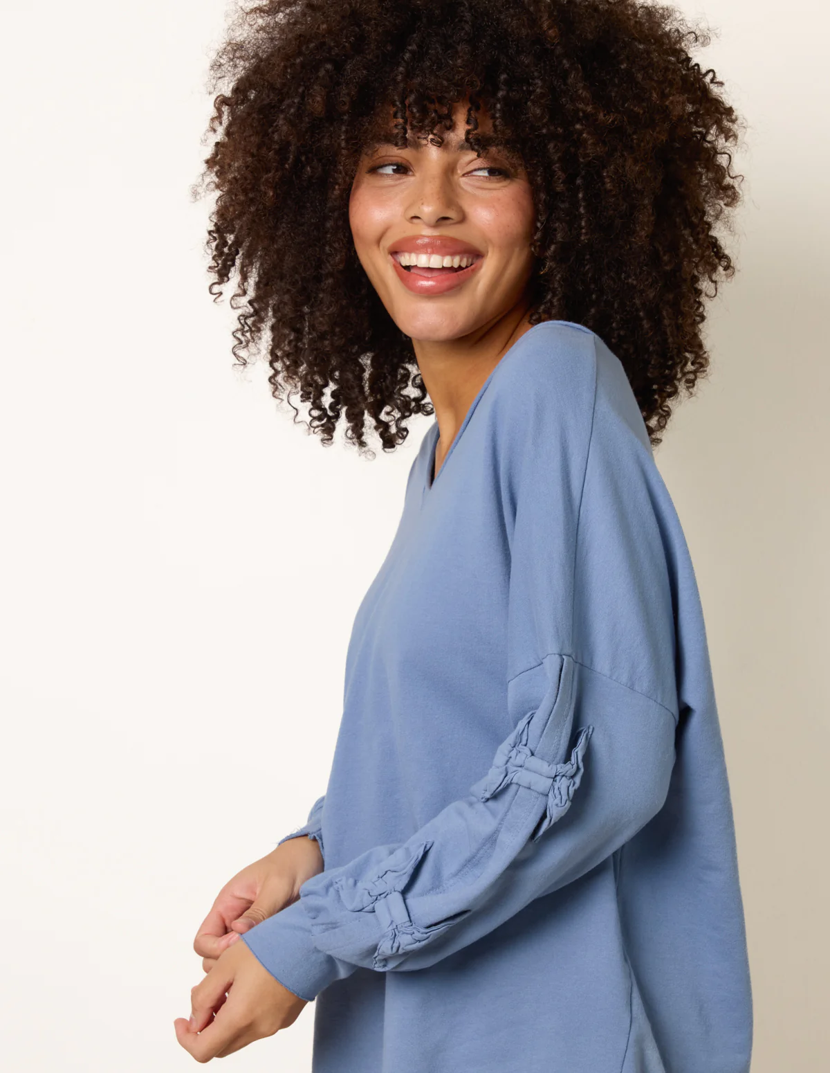 Loop Back Sweat Bow Sleeve Raw Edge V Neck Top - Image 3