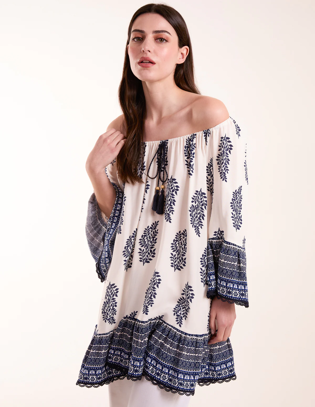 Mix Print Bardot With Tassel Dress - Image 3