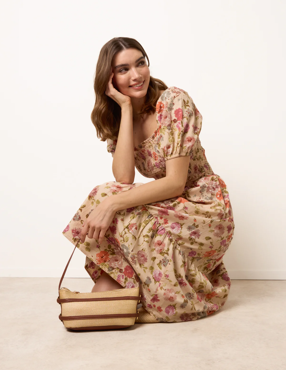 Milkmaid Floral Puff Sleeve Shirred Midi Dress - Image 3