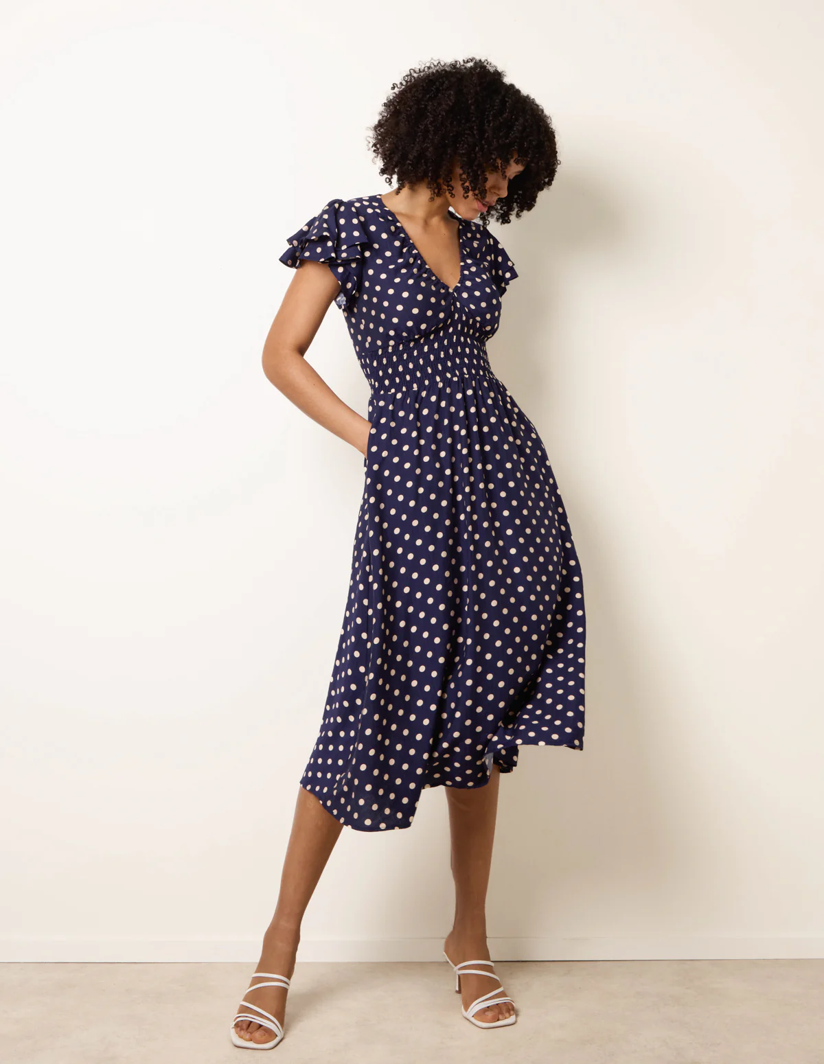 Polka Dot Elastic V Neck Midi Dress - Image 4