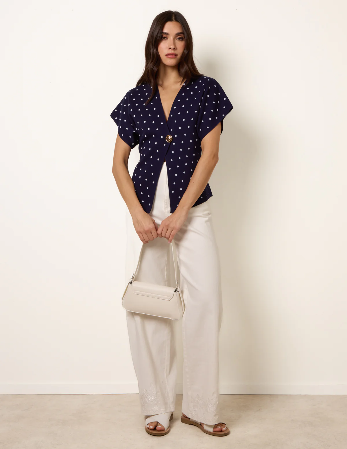 Polka Dot Short-Sleeve Knit Cardigan Top - Image 2