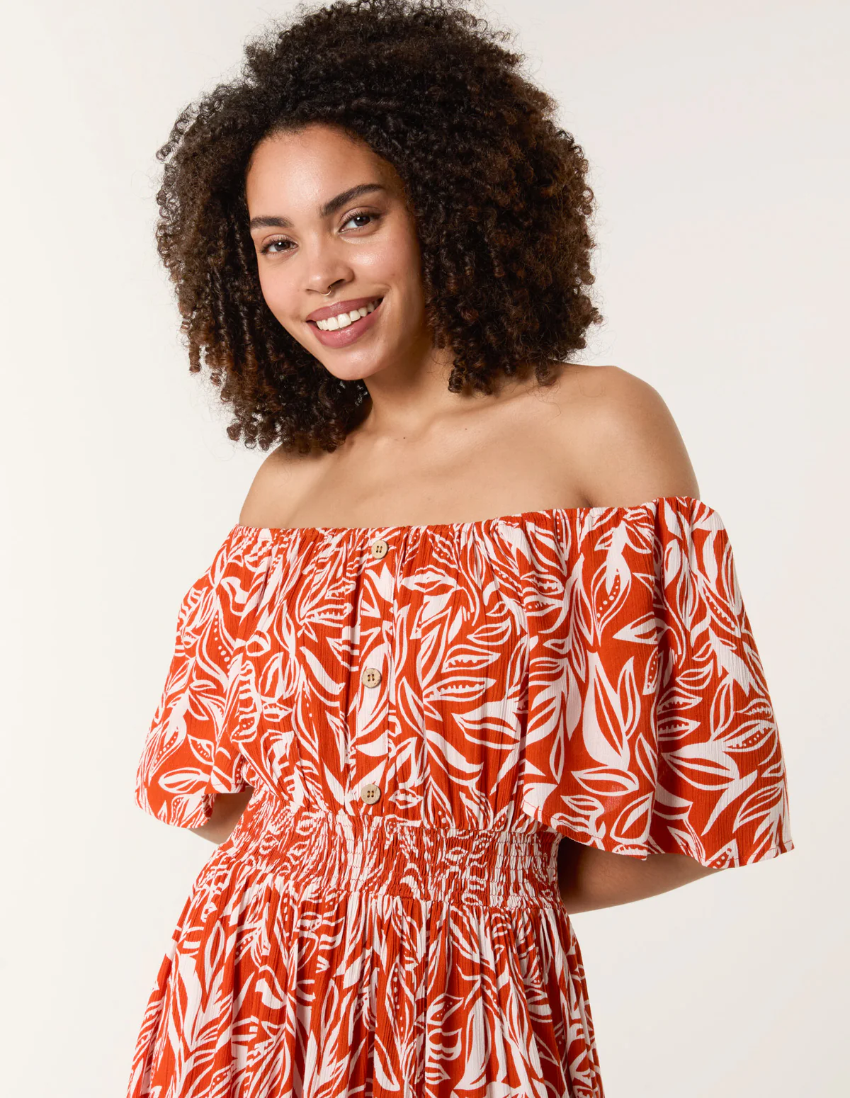 Coconut Button Shirred Waist Bardot Dress - Image 4