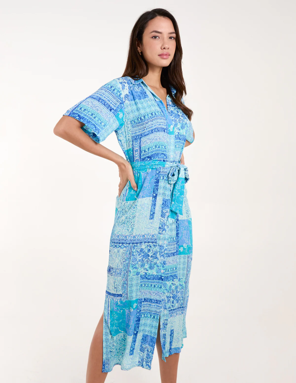 Patchwork Button Through Shirt Belted Dress - Image 3