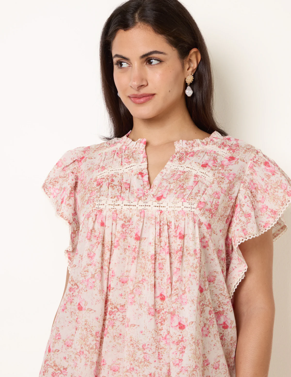 Ditsy Floral Cotton Ruffle Sleeve Top - Image 2