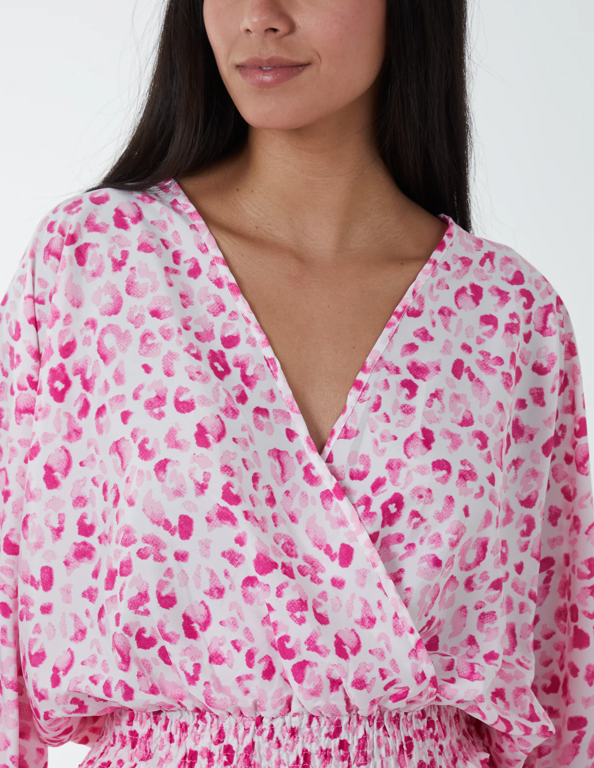 Leopard Print Elasticated Sleeve Wrap Front Elastic Hem Top - Image 3