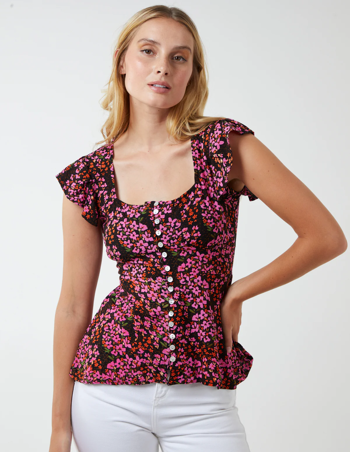 Button Front Floral Peplum Top - Image 3