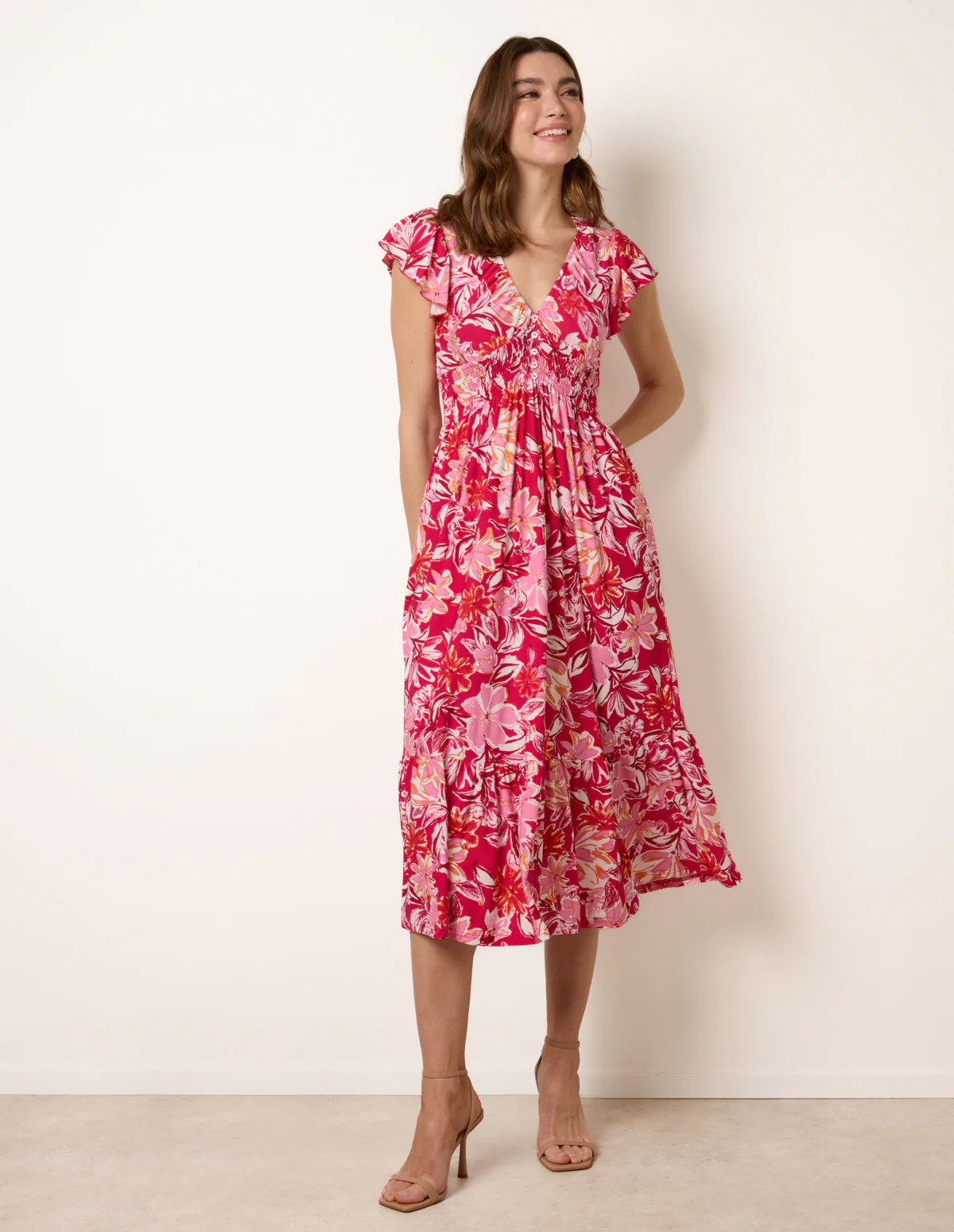 Tropical Print Flutter Sleeve Midi Dress