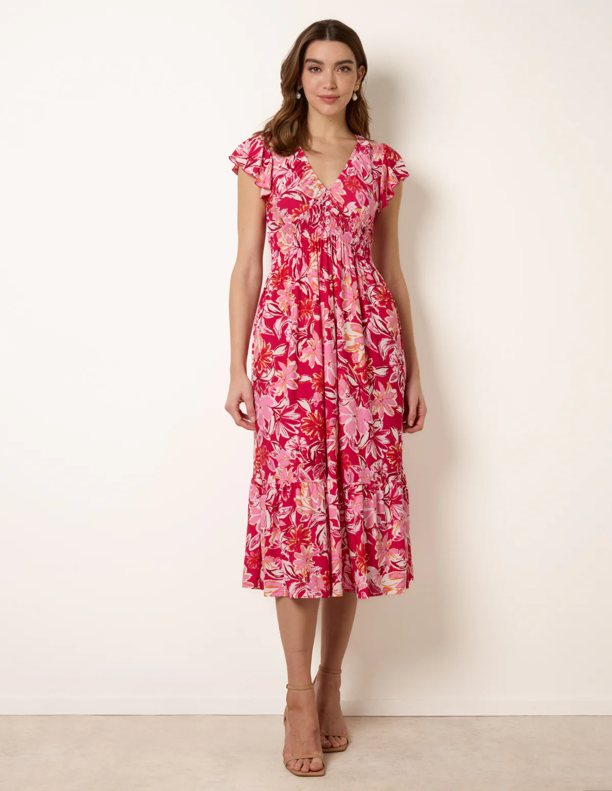 Tropical Print Flutter Sleeve Midi Dress - Image 3