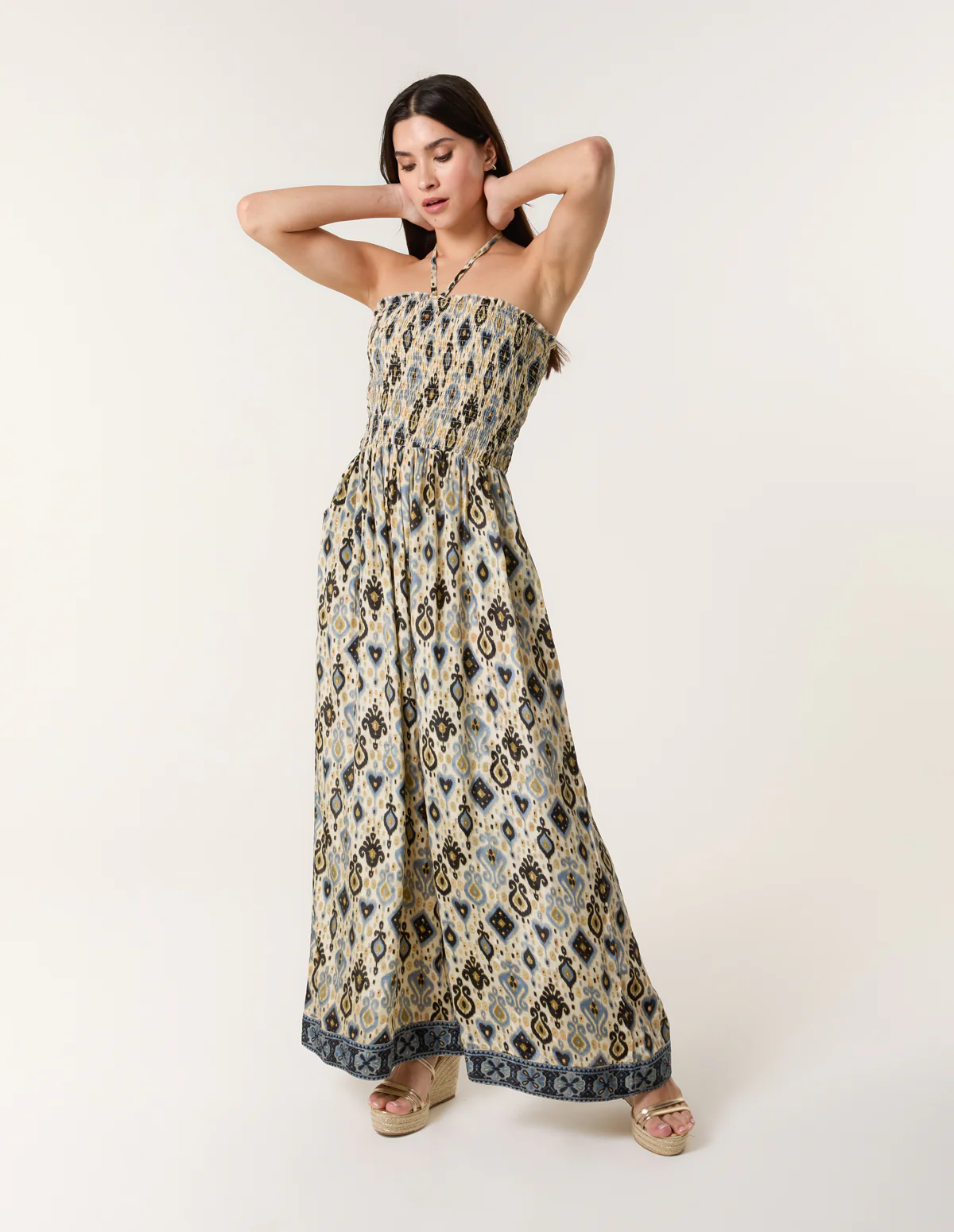Printed Bandeau Tie Neck Shirred Jumpsuit - Image 4