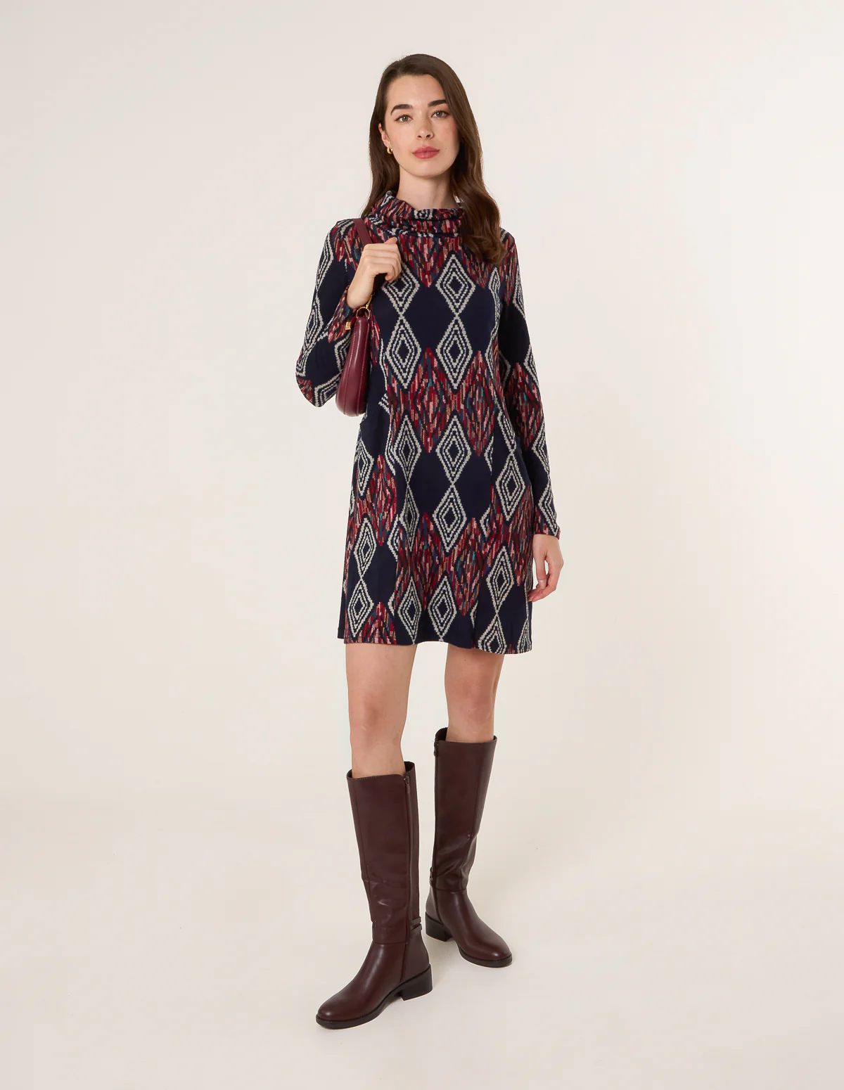 Printed Draped Cowl Neck Long Sleeve Dress - Image 2