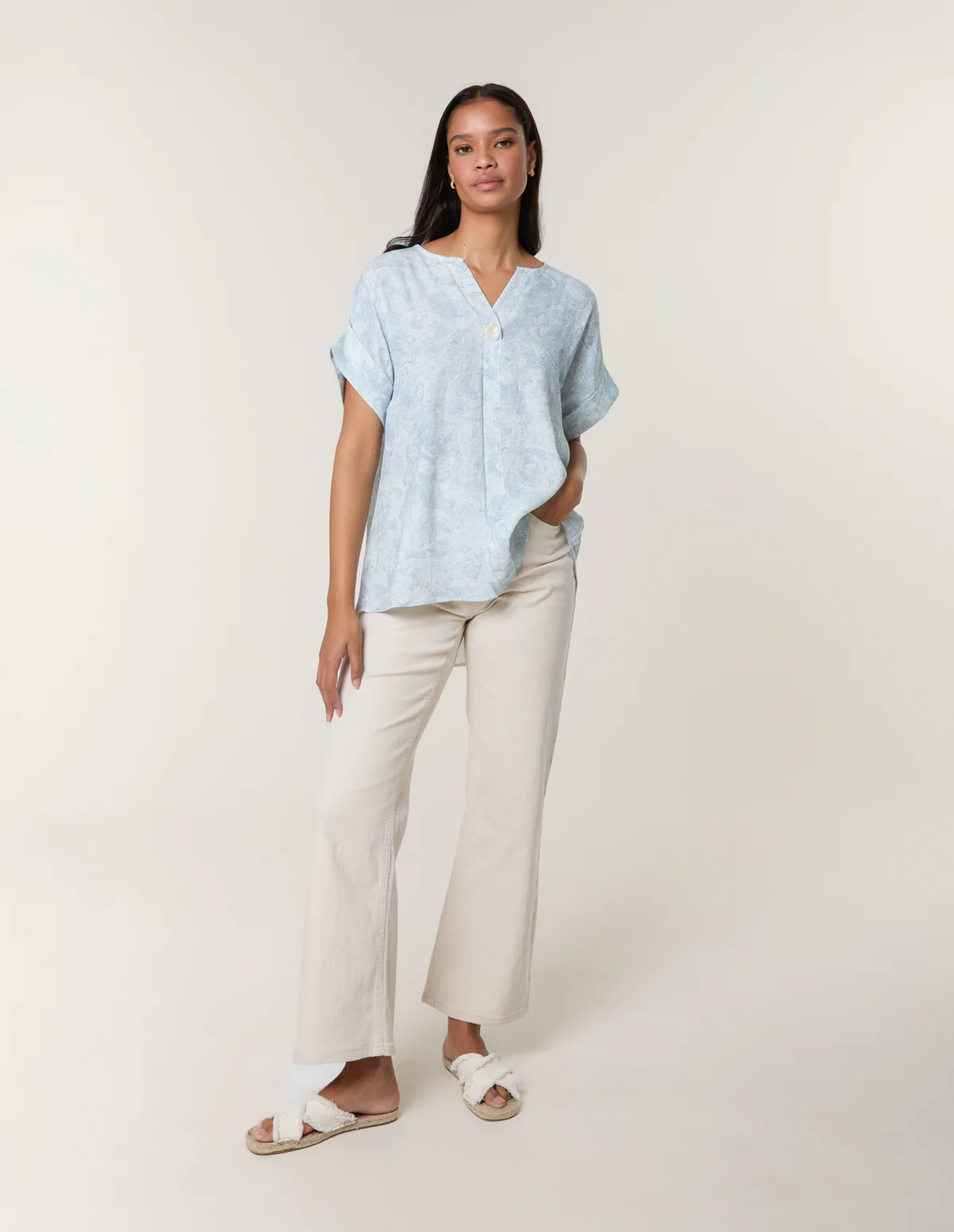 Printed V Neck Button Top