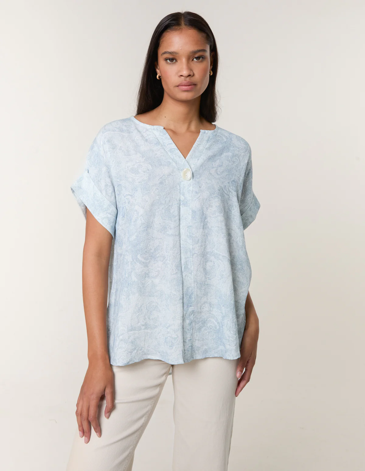 Printed V Neck Button Top - Image 3