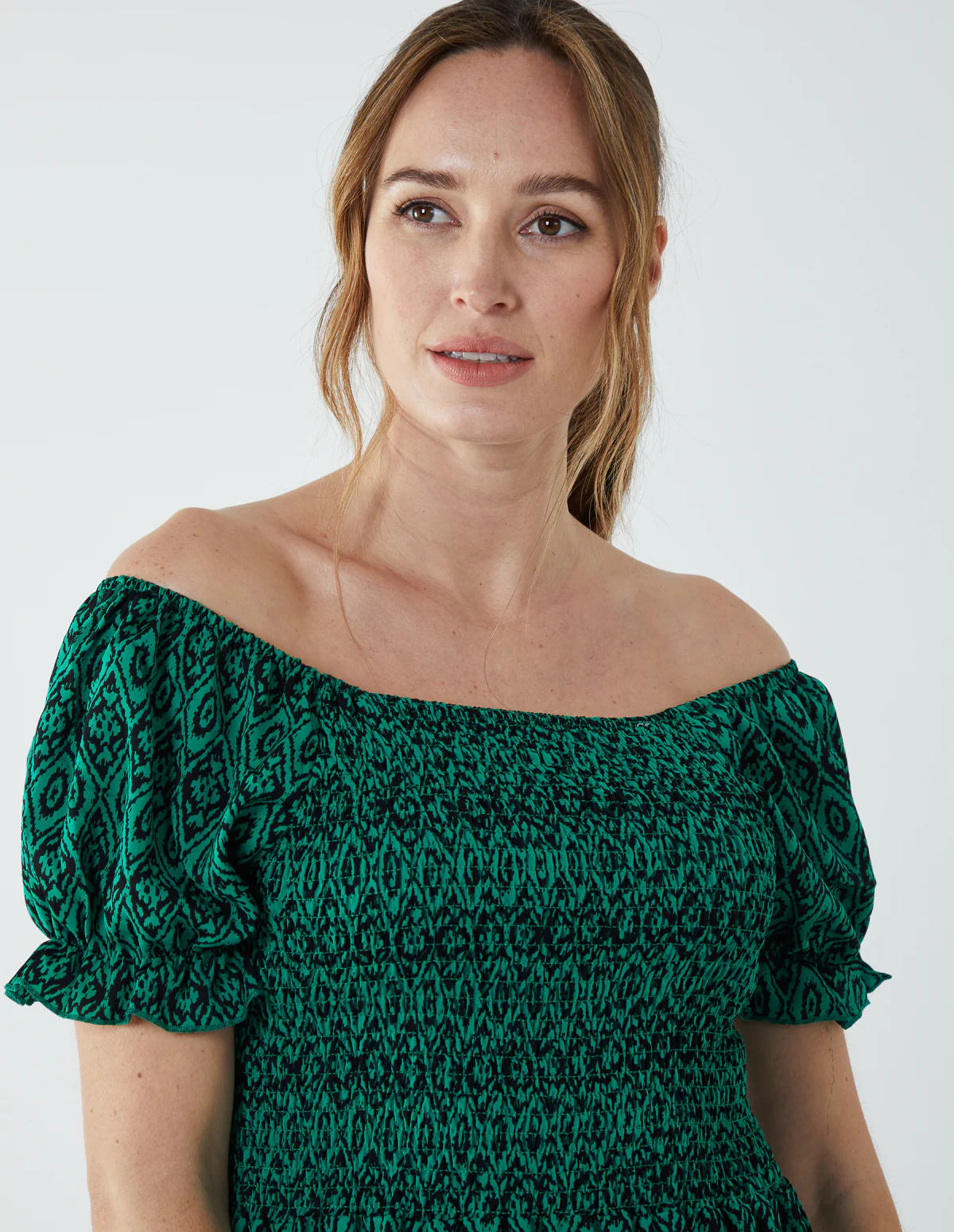 Puff Sleeve Bardot Shirred Dress - Image 3