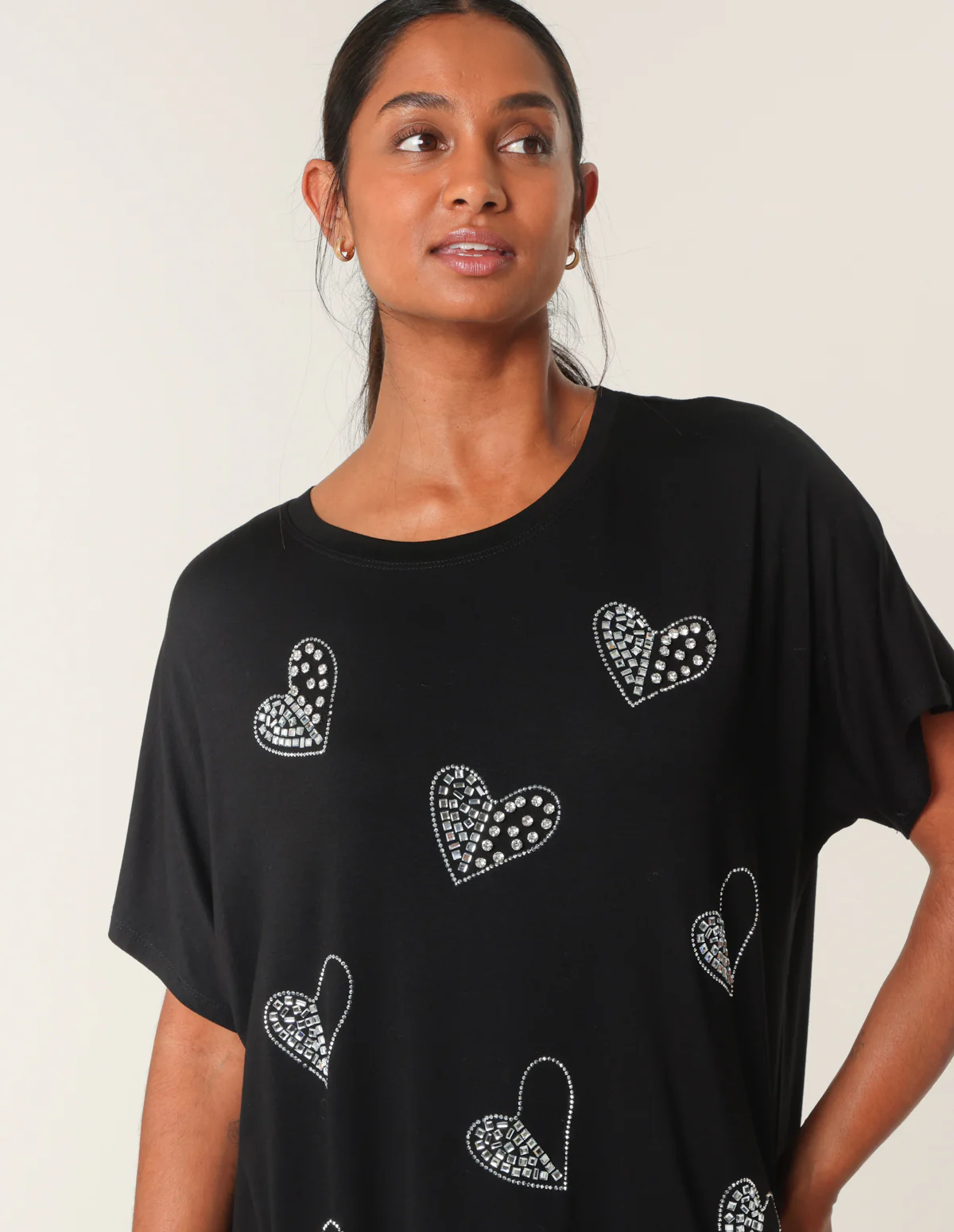 Round Neck Diamante Heart Detailing T-Shirt - Image 2