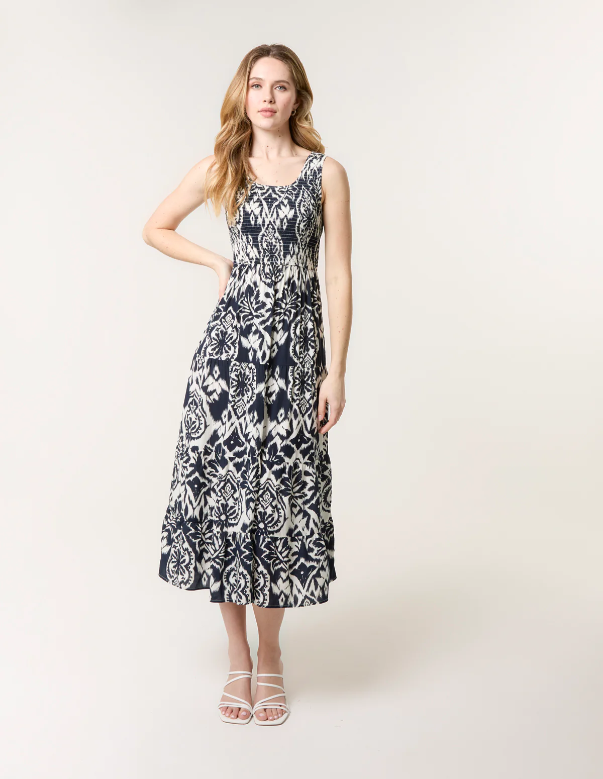 Shirred Sleeveless Midi Dress