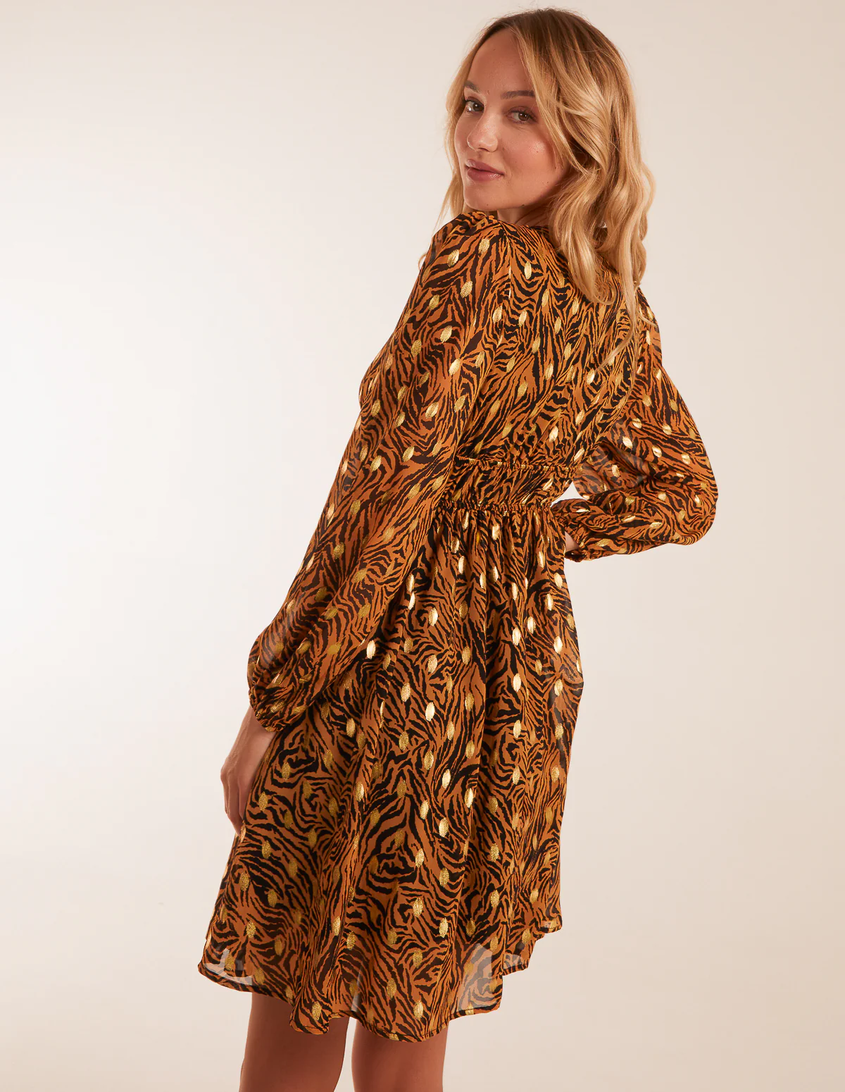 Shirred Waist Leopard Foil Wrap Front Mini Dress - Image 3
