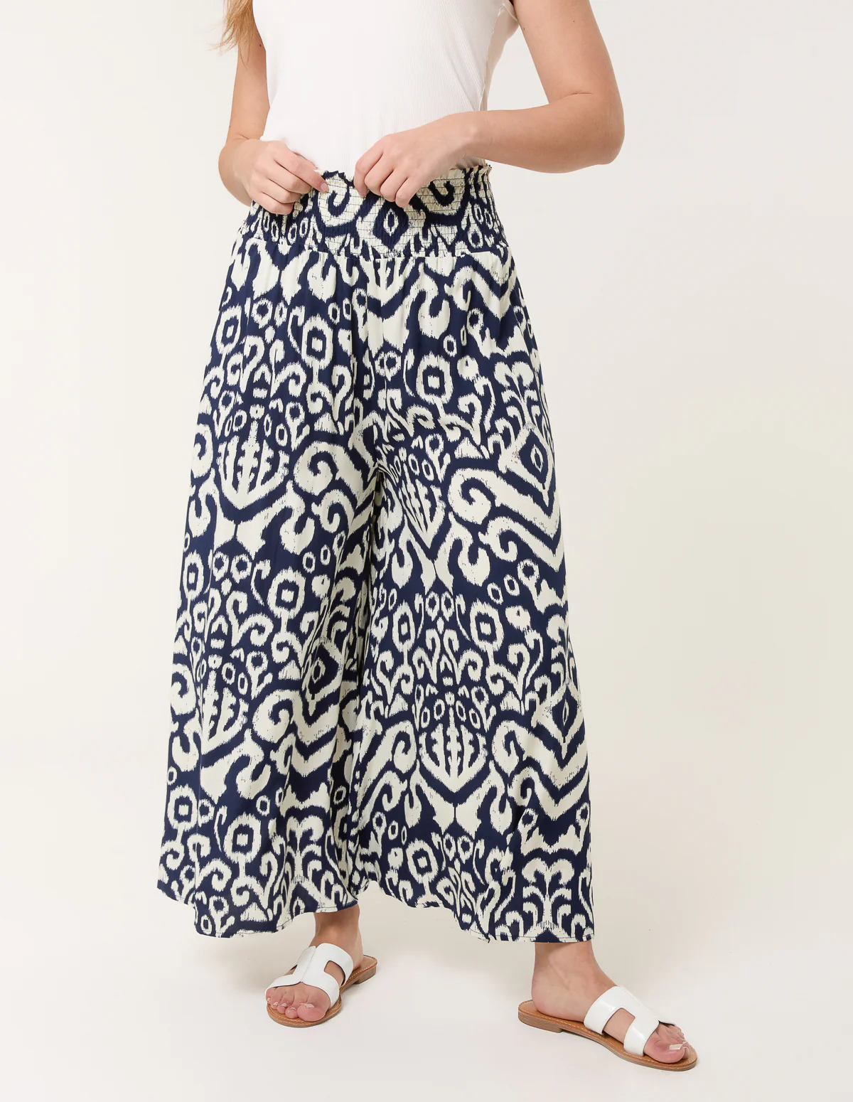 Shirred Waist Wide Leg Trousers