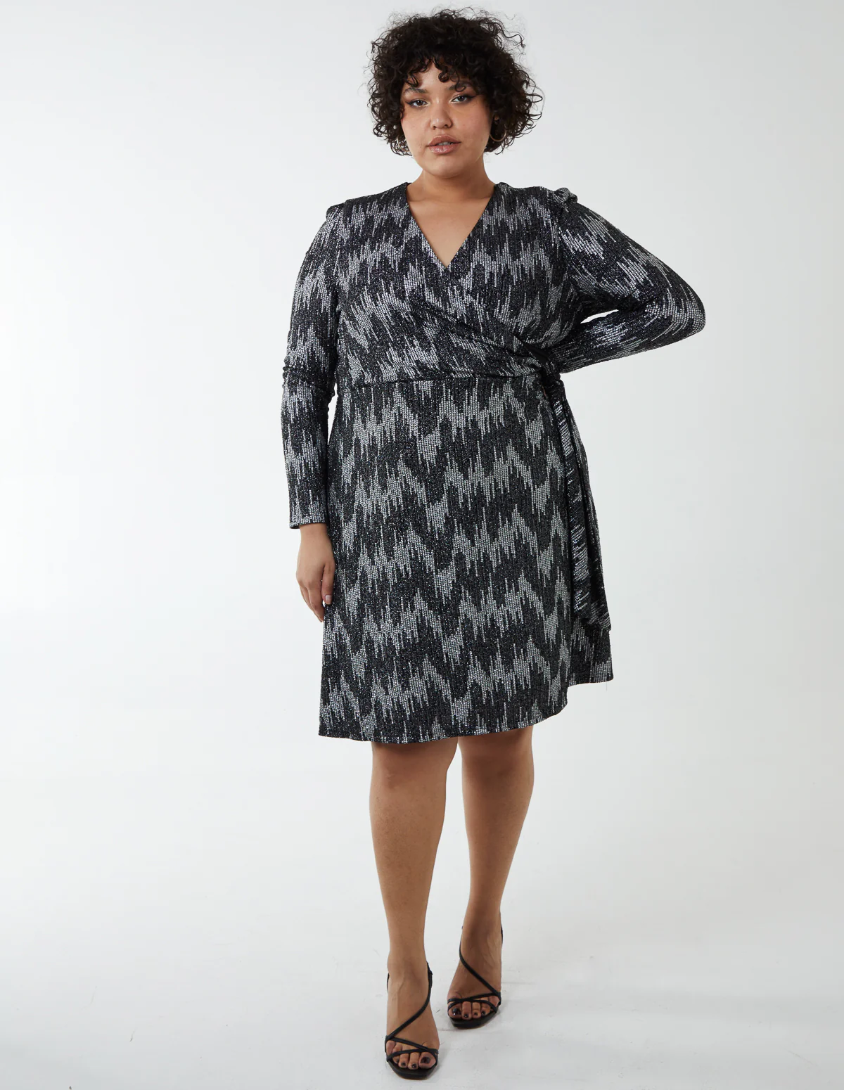 Curve Sparkly Fixed Wrap Skater Dress With Tie - Image 4