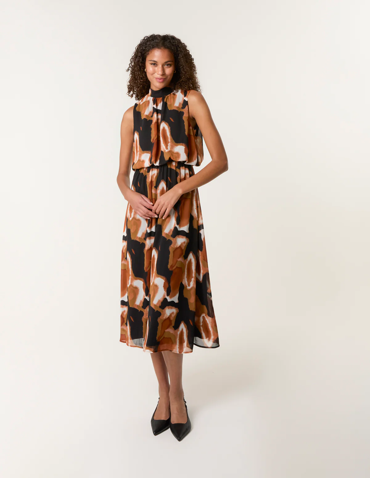 Sleeveless Puffball High Neck Printed Dress