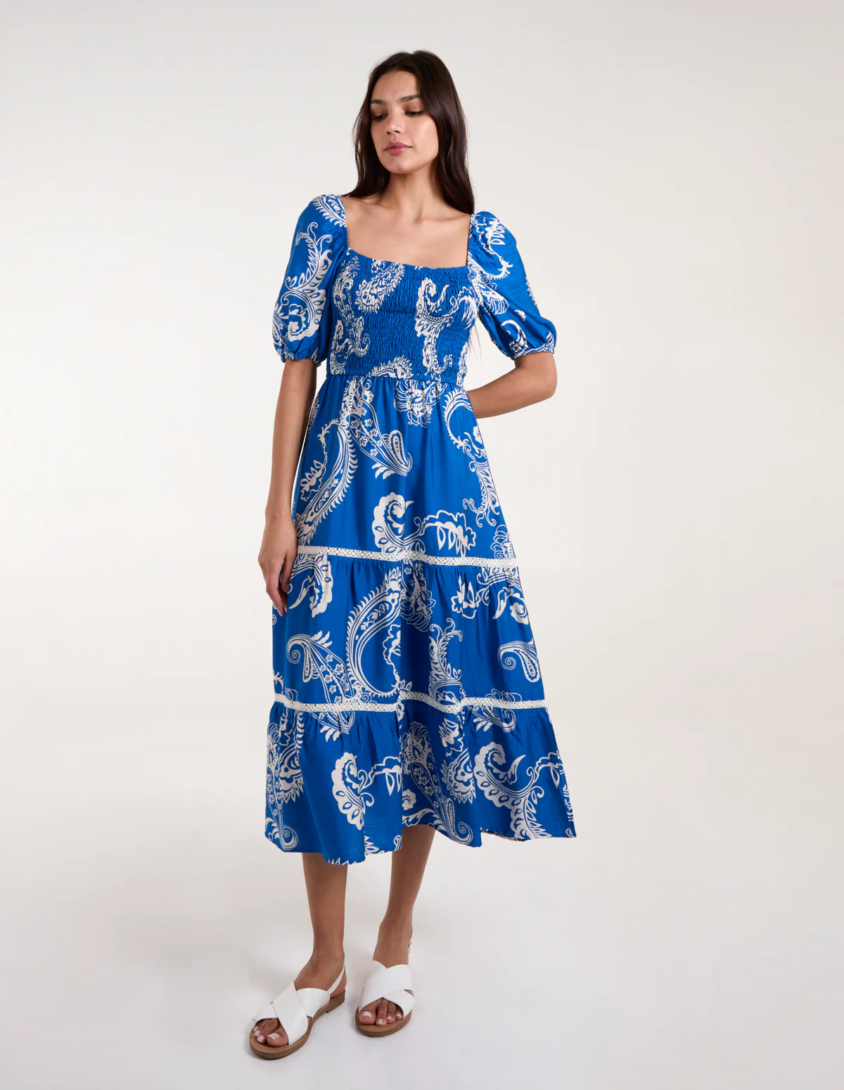Square Neck Puff Sleeve Shirred Waist Midi Dress - Image 3