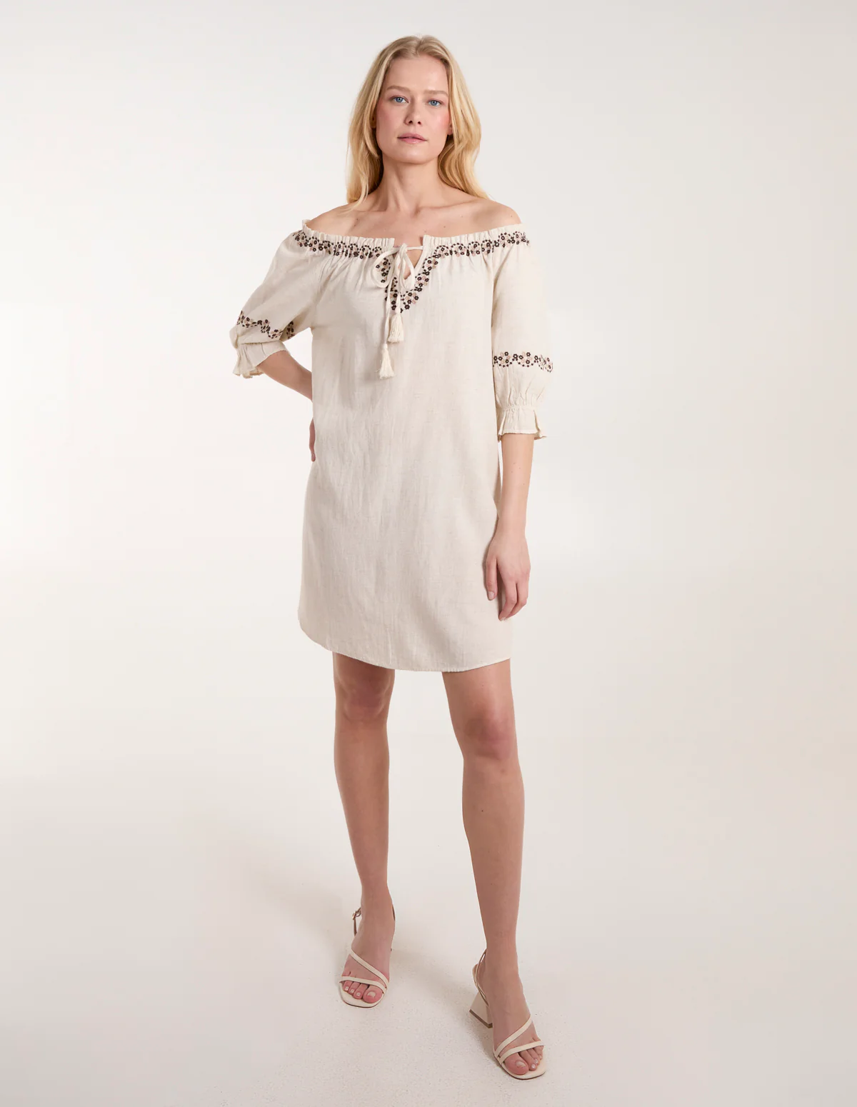 Embroidered Detailing Bardot Tunic Dress - Image 3