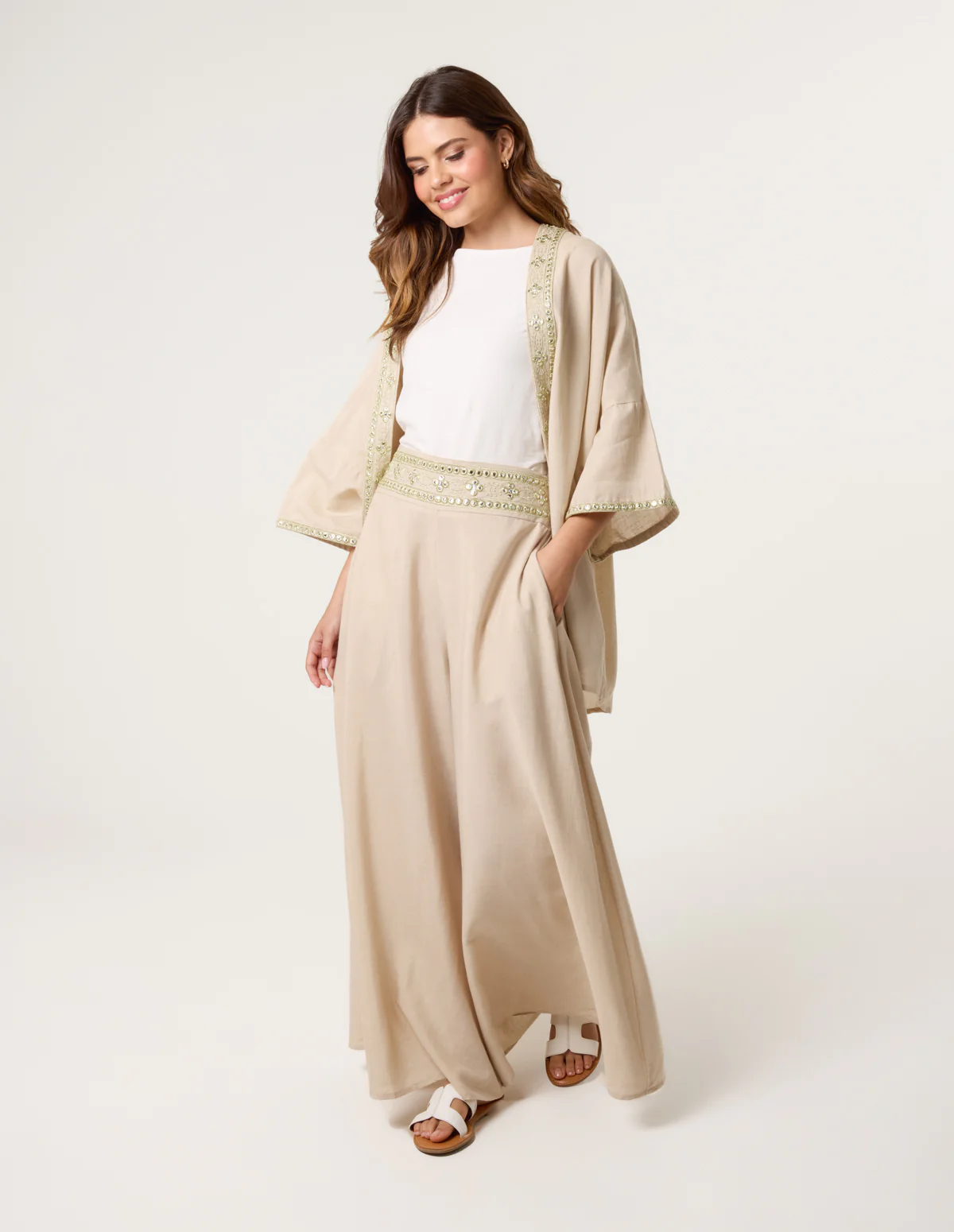 Wide Leg Embellished Linen Trousers - Image 2
