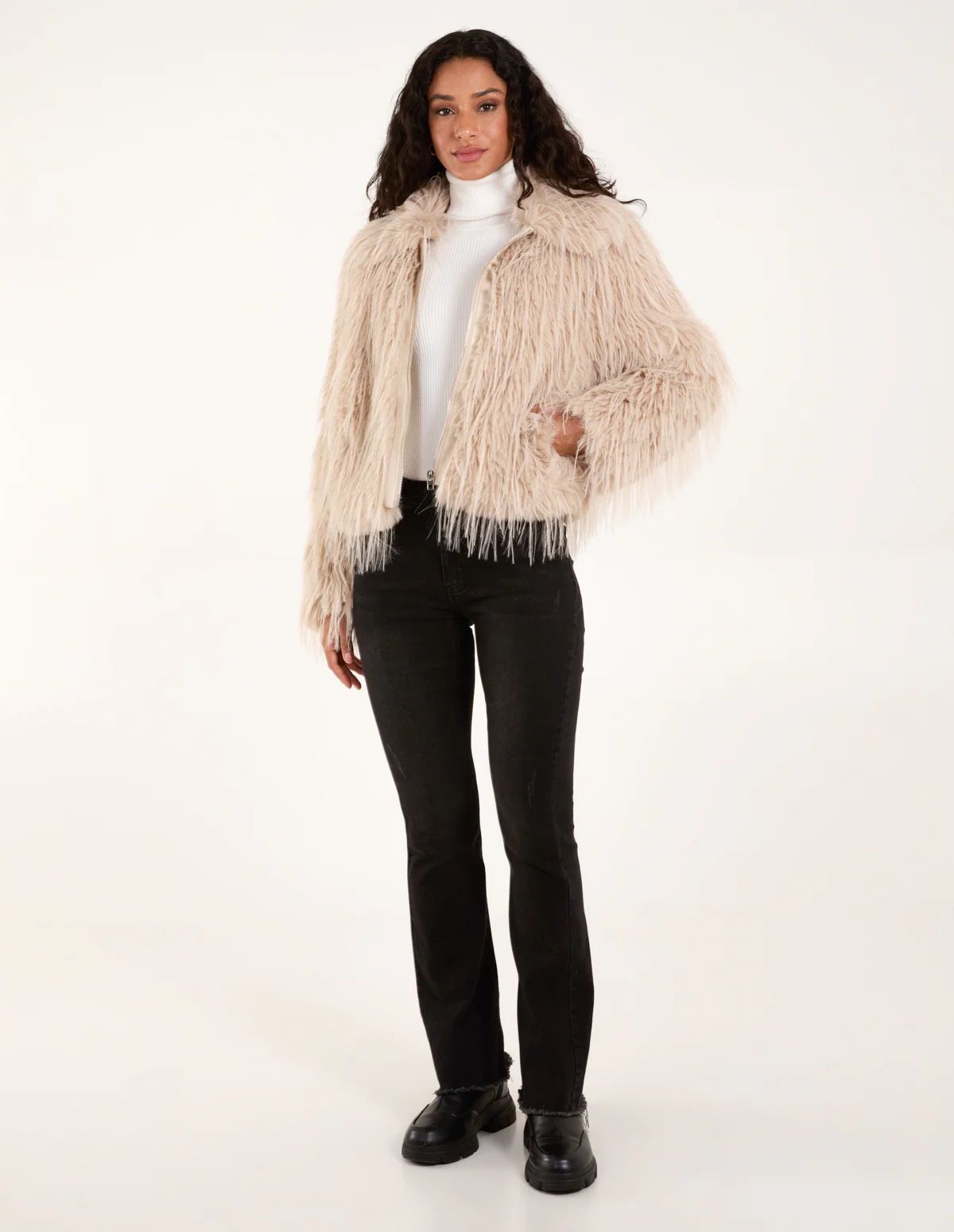 Textured Faux Fur Collar Coat - Image 3