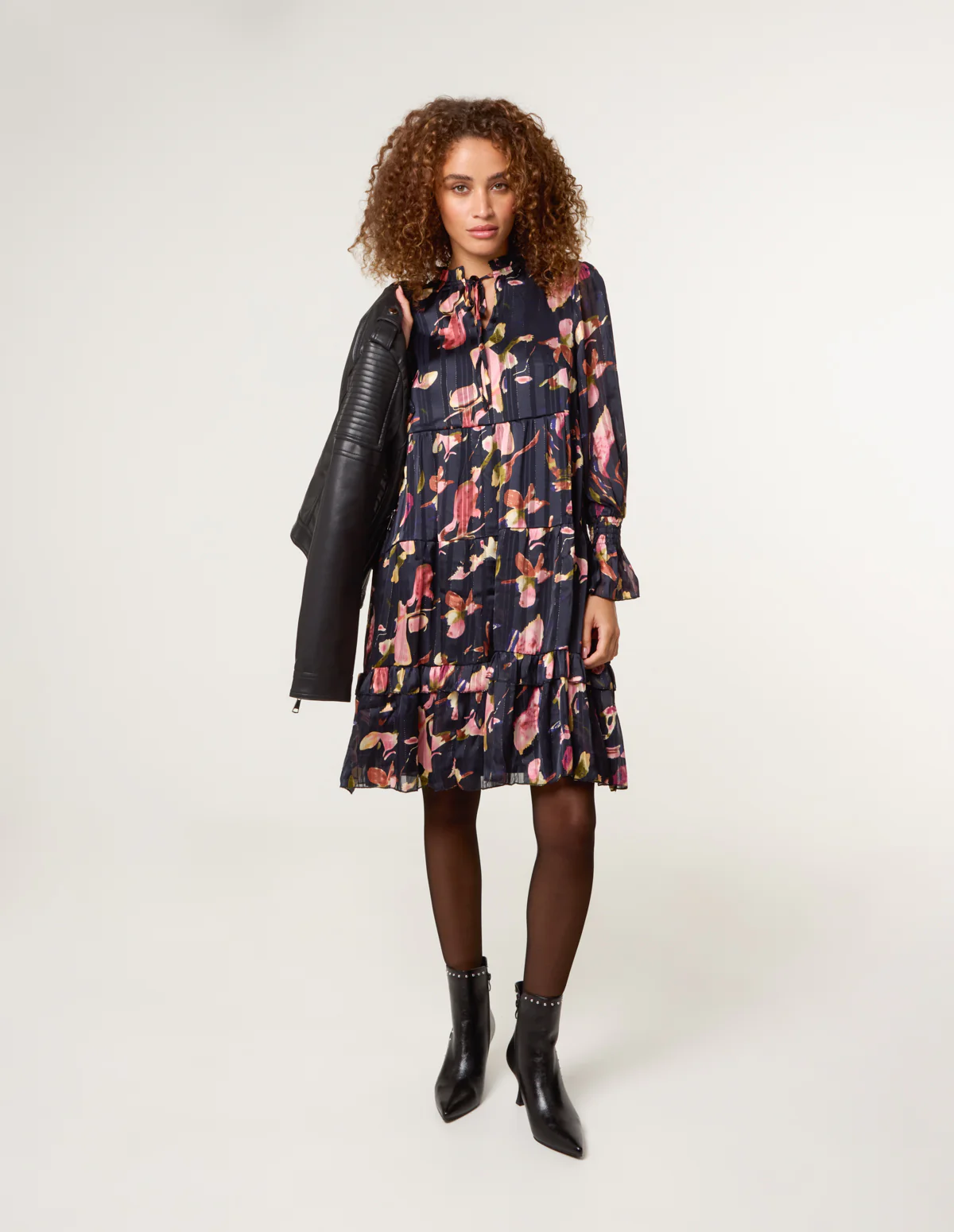 Tie Neck Floral Chiffon Smock Dress - Image 2
