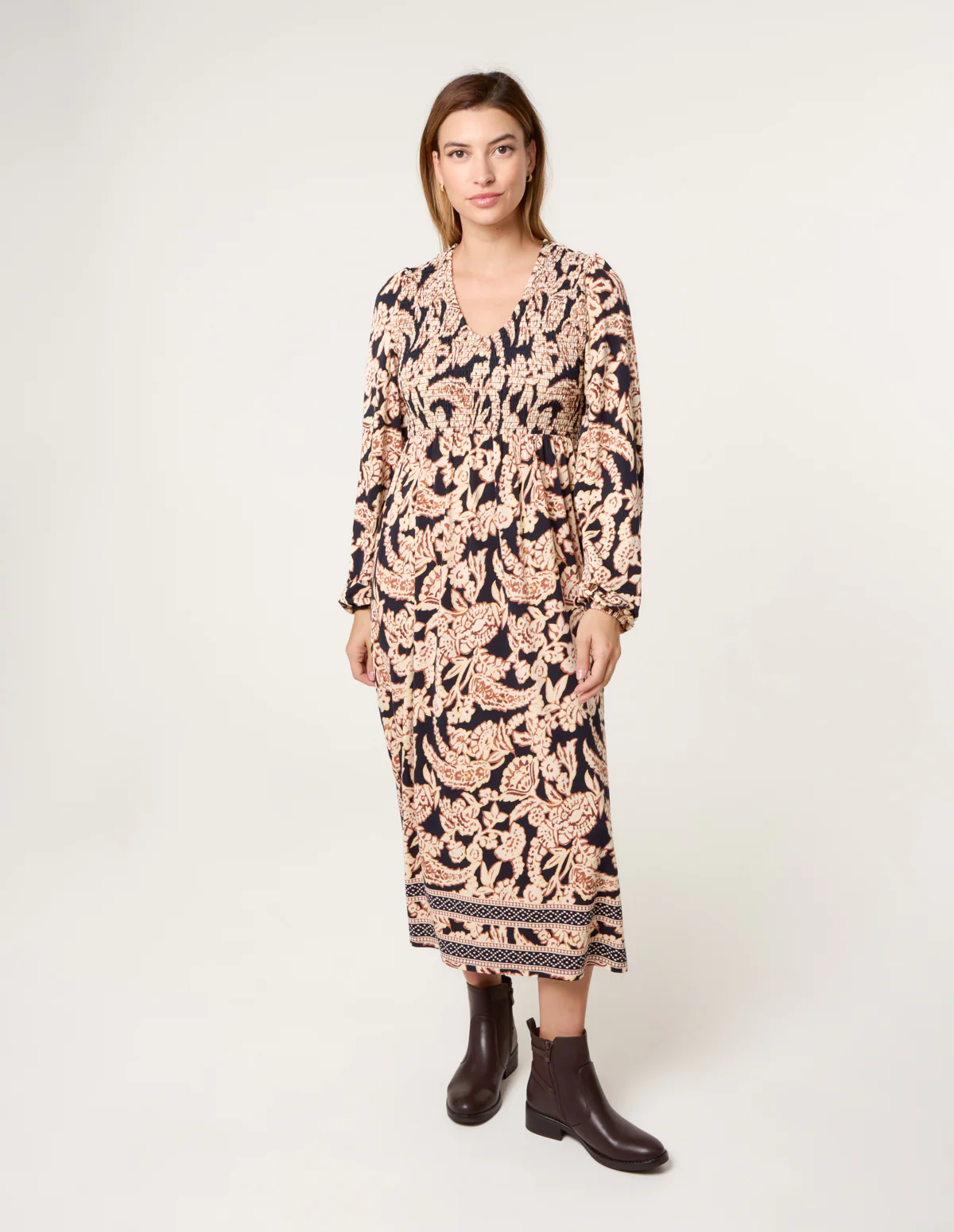V Neck Shirred Border Print Midi Dress - Image 3