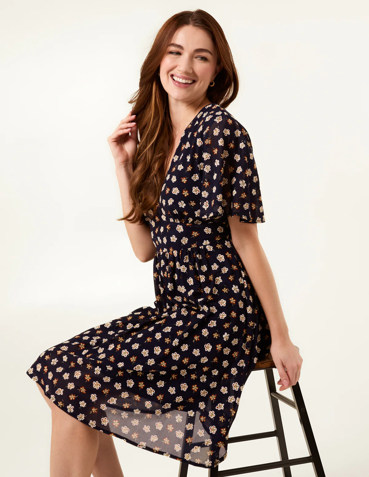 V Neck Tie Back Flower Printed Mini Dress