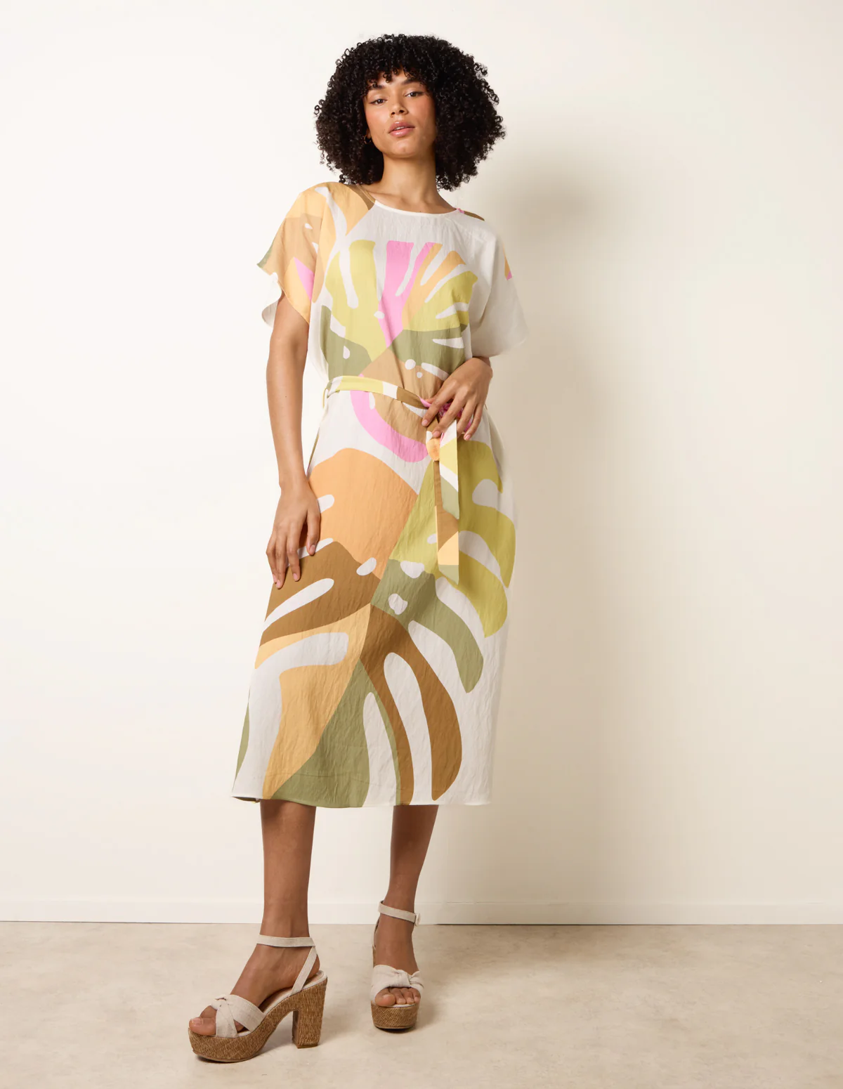 Vibrant Oversized Tie Waist Crew Neck Midi Dress - Image 3