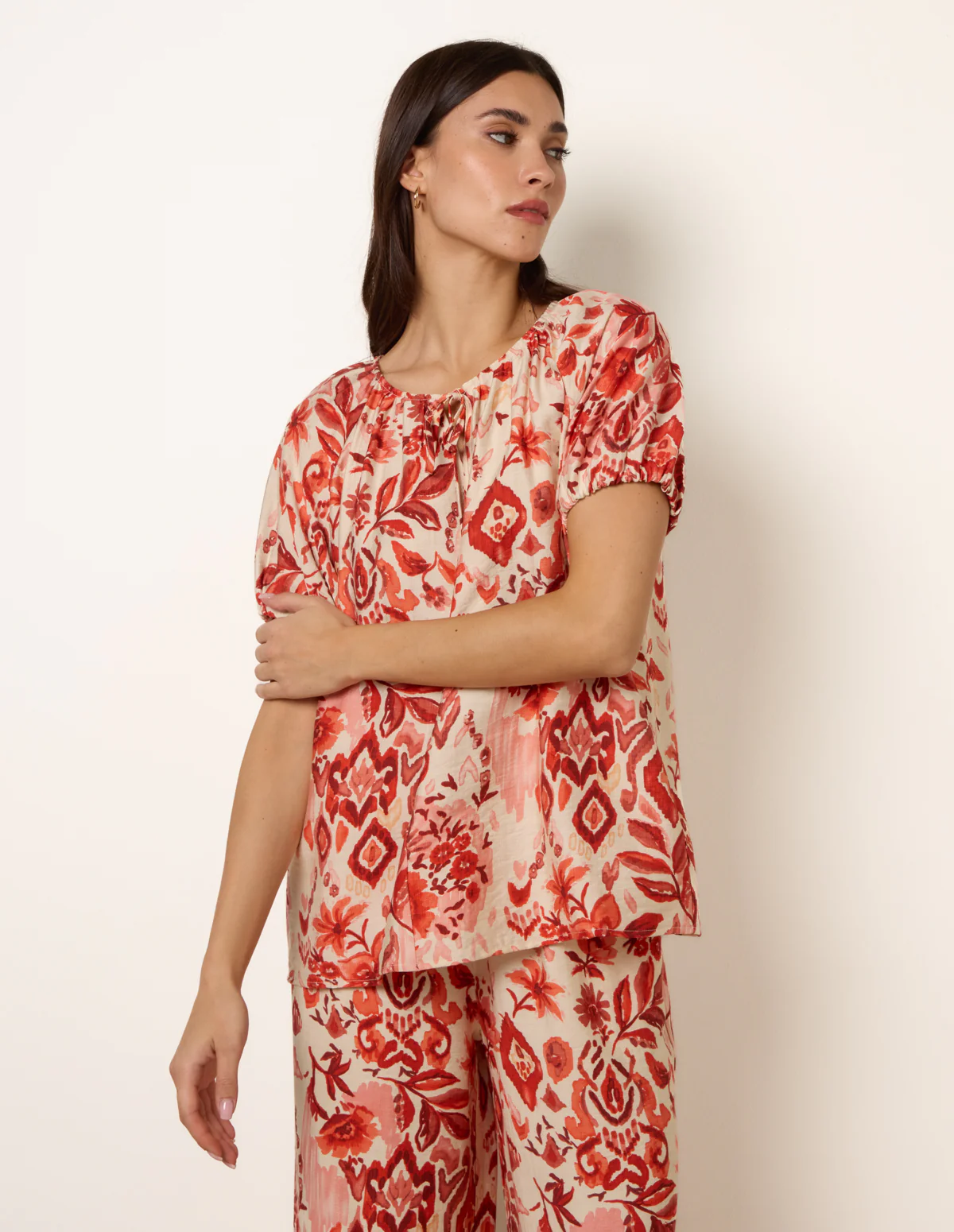 Watercolour Floral Print Elasticated Sleeve Top - Image 6