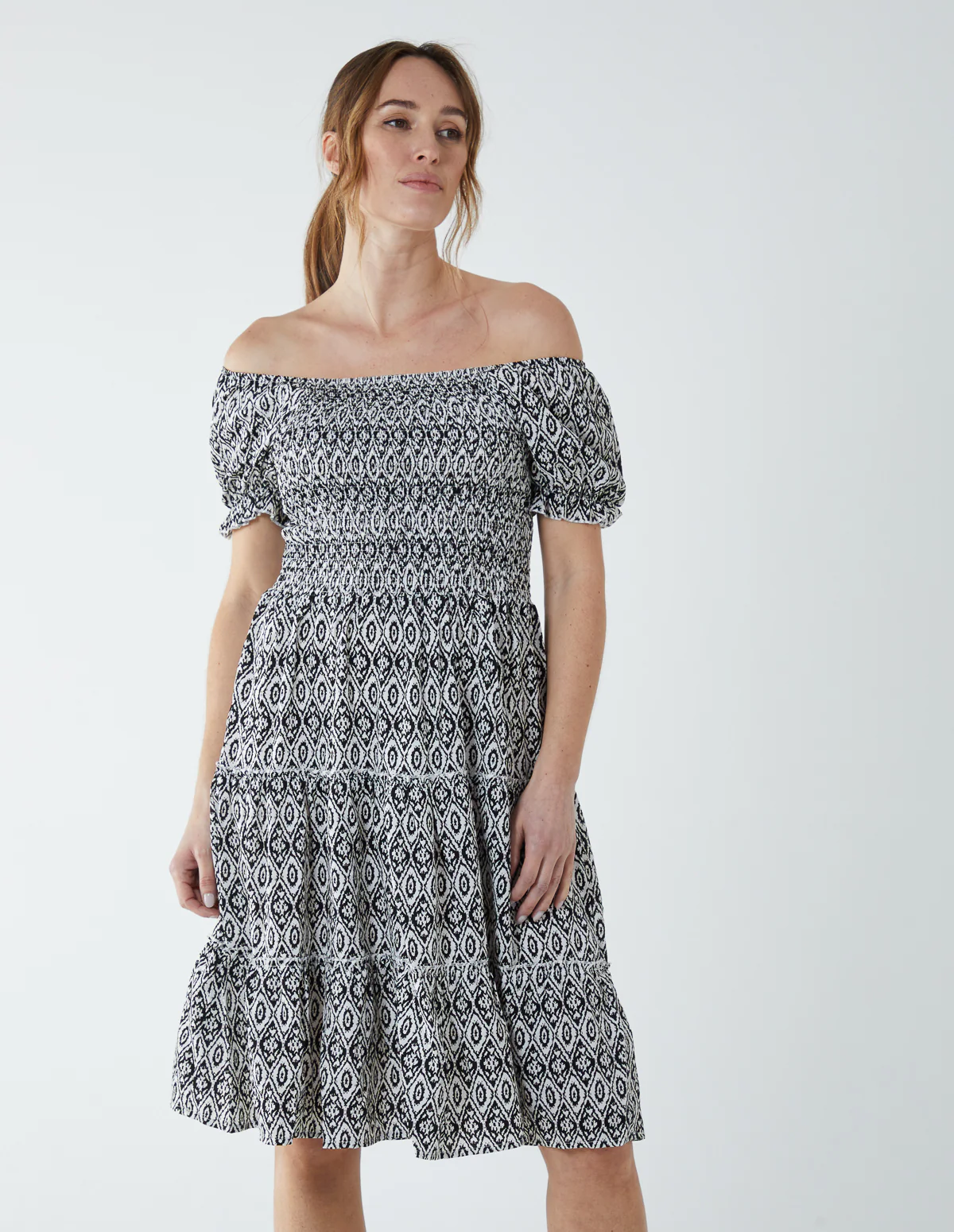 Puff Sleeve Bardot Shirred Dress - Image 2
