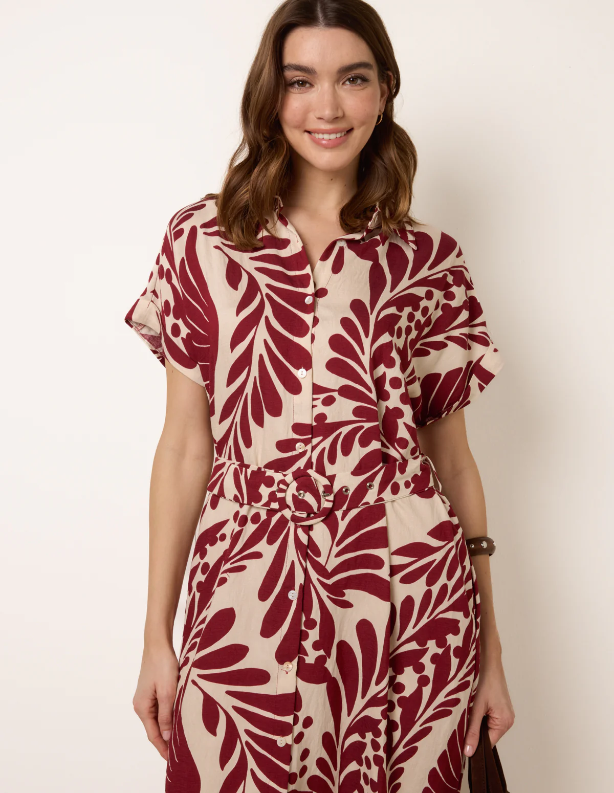 Tropical Leaf Print Belted Shirt Dress - Image 2