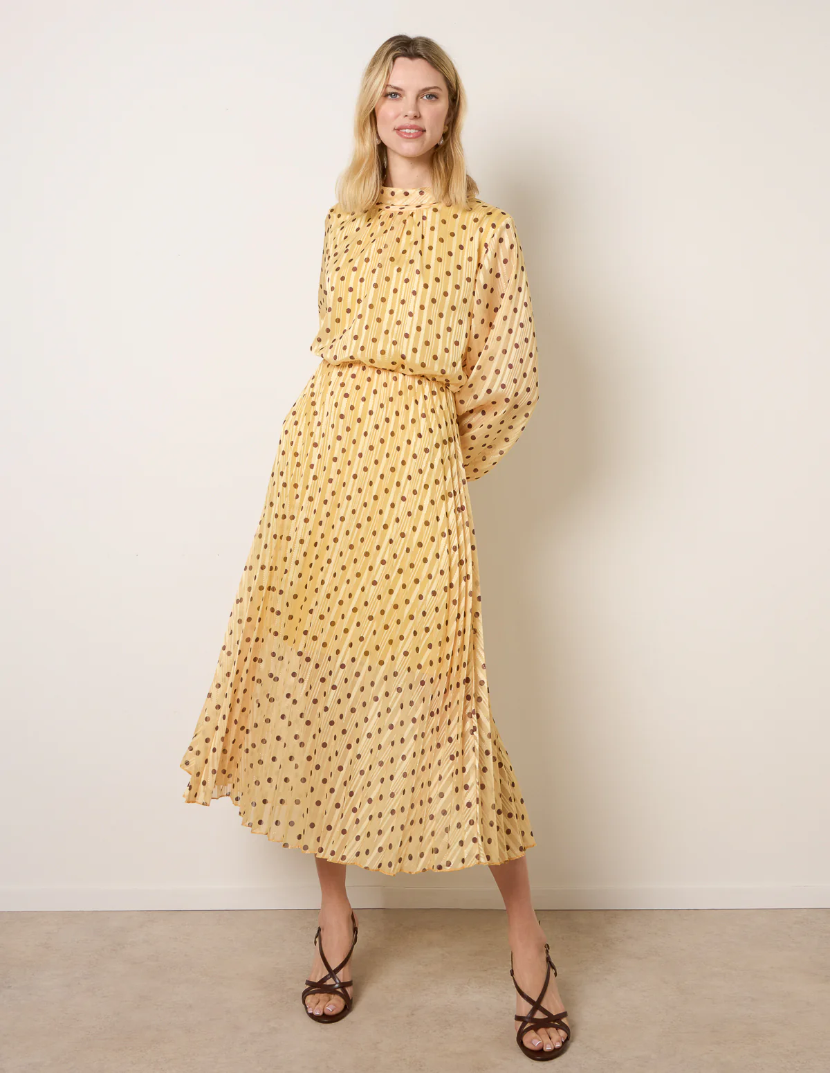 Polka Dot Cowl Neck Pleated Long Sleeve Dress - Image 3