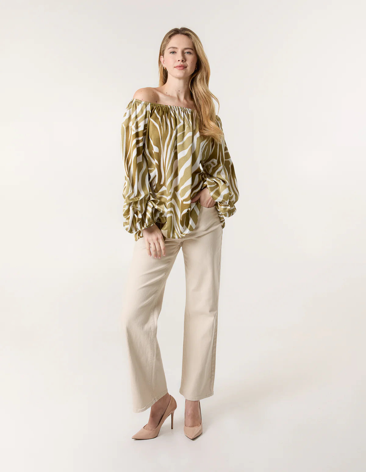 Zebra Satin Ruched Bardot Top - Image 3